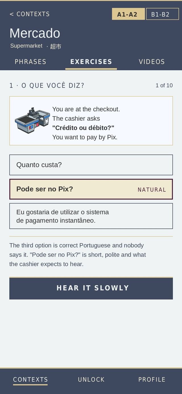 App screen: an exercise choosing what to say at the checkout