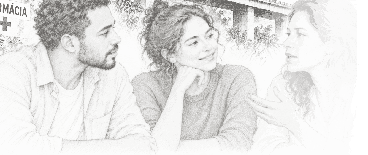 Pencil drawing of three people talking beside a pharmacy sign