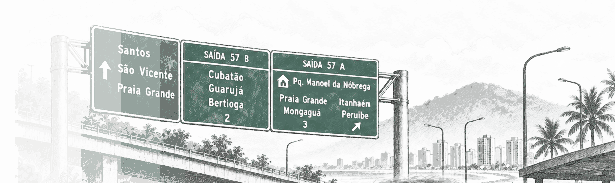 Pencil drawing of road signs to Santos, Cubatão and Praia Grande above a viaduct
